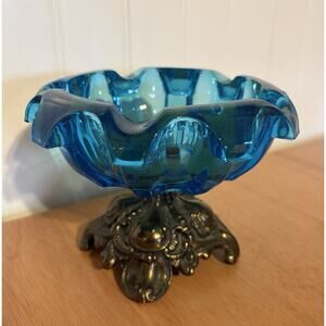 Antique Blue Glass Ashtray Compote Ornate Metal Pedestal Victorian Cornell USA